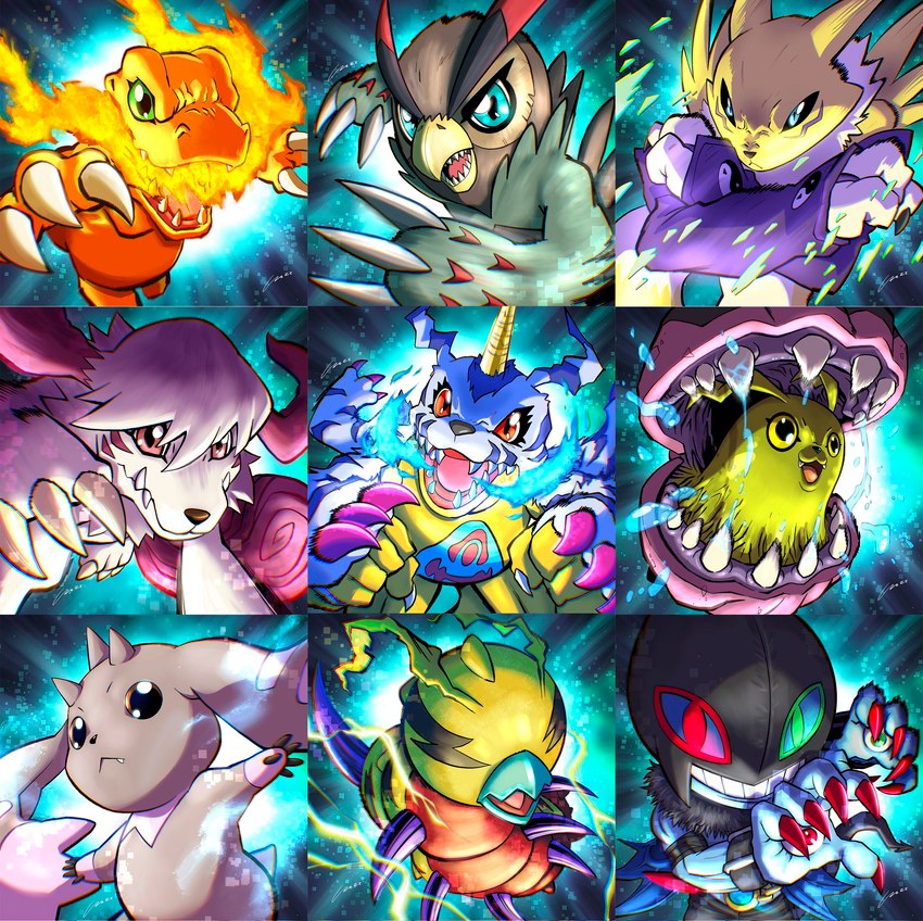 animal_skin anthro beady_eyes breath_powers brown_body brown_feathers brown_fur claws electricity elemental_manipulation feathers feral fire fire_breathing fire_manipulation fur group horn lightning long_ears male segmented_body striped_body striped_fur stripes white_body white_fur yellow_body carloromero bandai_namco digimon digimon_survive agumon_(survive) dracmon_(survive) falcomon_(survive) kunemon_(survive) labramon_(survive) lopmon_(survive) syakomon_(survive) agumon canid digimon_(species) dracmon falcomon gabumon kunemon labramon lagomorph leporid lopmon mammal rabbit renamon syakomon hi_res