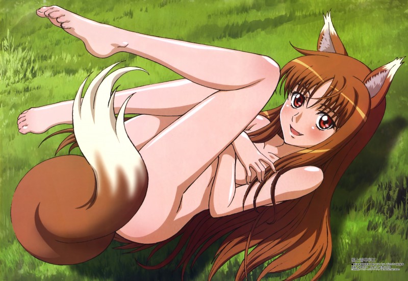 barefoot blush breasts covering covering_breasts covering_self crossed_arms fangs feet female grass hindpaw holding_breast humanoid_feet nude paws plant plantigrade red_eyes smile solo tail teeth unknown_artist megami spice_and_wolf holo_(spice_and_wolf) animal_humanoid canid canid_humanoid canine canine_humanoid canis humanoid mammal mammal_humanoid wolf wolf_humanoid absurd_res hi_res official_art