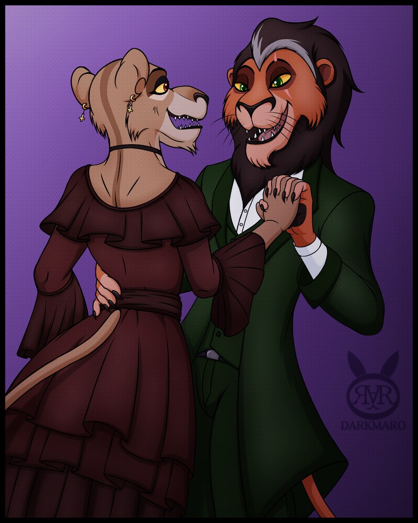 anthro anthrofied black_border border clothed clothing dress duo ear_piercing ear_ring female fur male mane piercing ring_piercing scar simple_background smile teeth darkmaro_(artist) disney the_lion_king scar_(the_lion_king) zira_(the_lion_king) felid lion mammal pantherine 4:5 digital_media_(artwork) hi_res