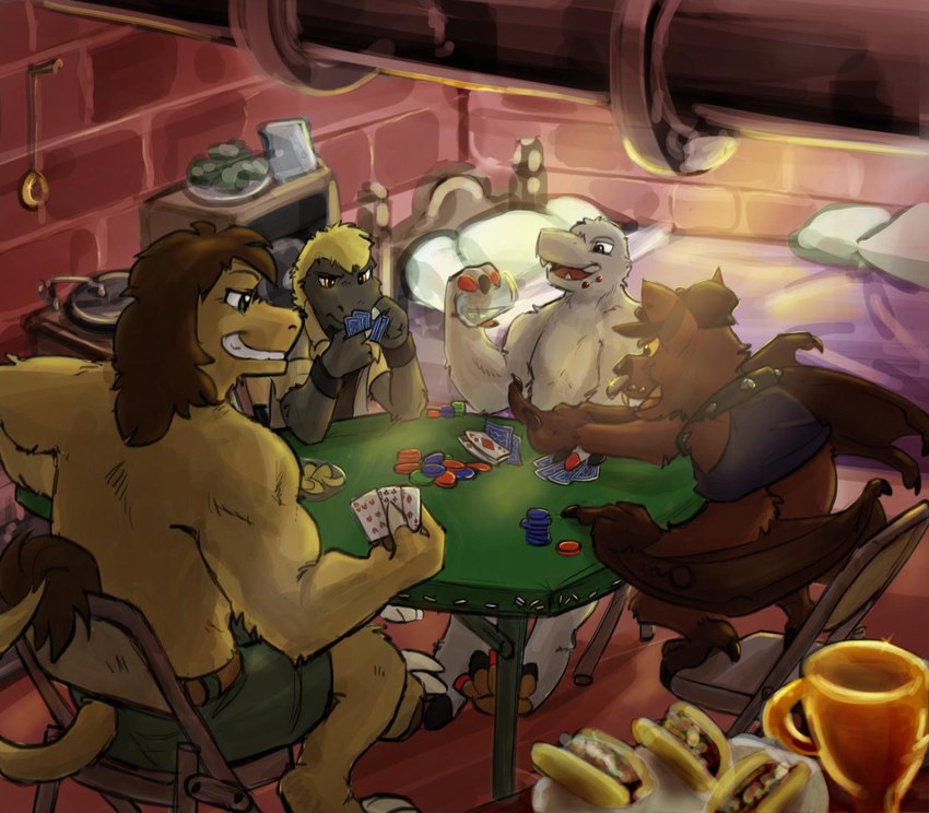 anthro award card clothing collar colored_nails detailed_background facial_piercing folding_chair food furgonomics furry-specific_piercing grin group hat headgear headwear laugh male male/male moonshine muscular nails nose_piercing nose_ring piercing playing_card poker poker_table ring_piercing shirtless size_difference slim smile taco trophy crossroadspony raemyshu rvb_revolution agent_washington agent_york andee_(rvb_revolution) samael_wurlitz bat chupadore mammal hi_res