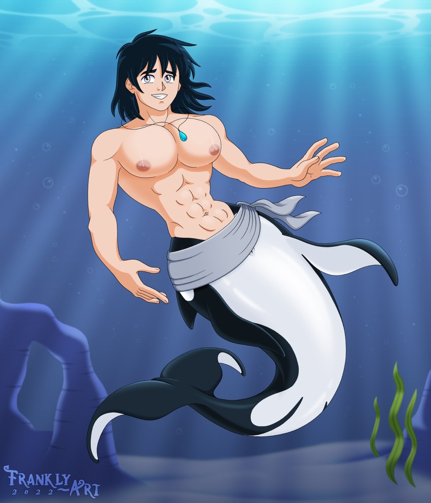 abs andromorph barazoku belt bubble fin gem grey_eyes intersex jewelry male moobs navel necklace nipples pecs rock seaweed shoulder_length_hair smile solo split_form undersea underwater waist water frankly-art animal_humanoid cetacean dolphin humanoid humanoid_taur mammal marine marine_humanoid marine_taur merfolk oceanic_dolphin orca orca_merfolk taur toothed_whale hi_res