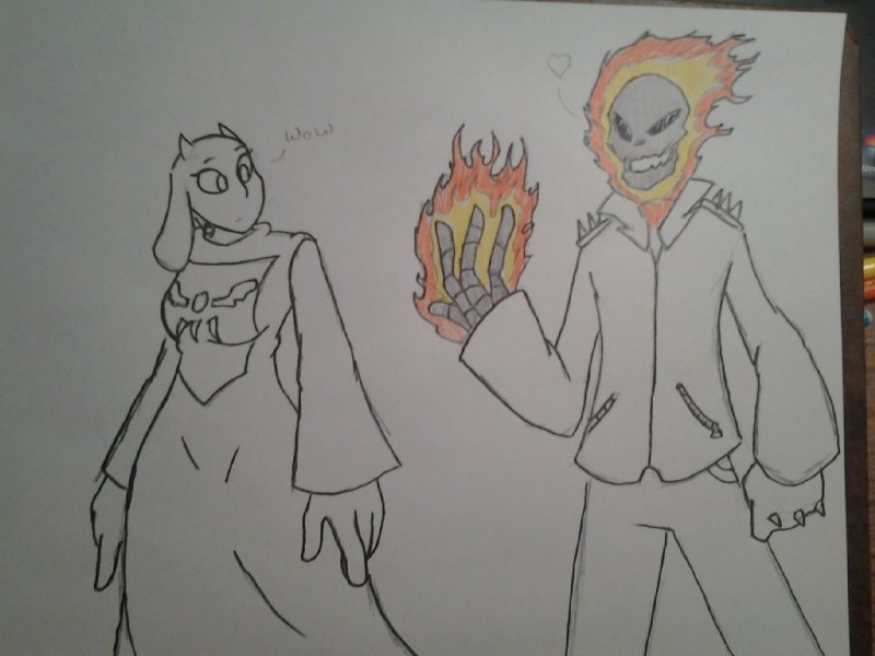 duo fire wkeeble12 marvel undertale undertale_(series) ghost_rider toriel boss_monster_(undertale) bovid caprine mammal unknown_species 4:3 colored_pencil_(artwork) mixed_media pen_(artwork) traditional_media_(artwork)