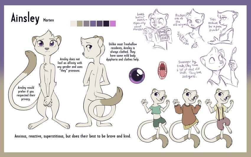 ambiguous_gender anthro brown_body brown_fur butt clothed clothing covering covering_self fur hair looking_at_viewer nude purple_eyes simple_background solo tail text white_background white_body white_fur pixel-prism tamberlane_(comic) ainsley_(tamberlane) gulonine mammal marten mustelid musteline absurd_res digital_media_(artwork) english_text hi_res model_sheet nonbinary_(lore)