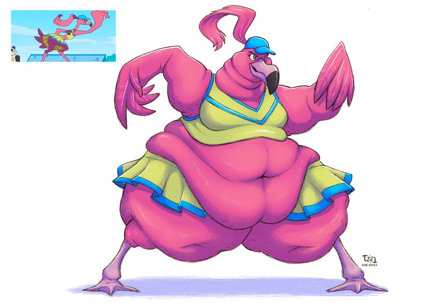 anthro beak belly big_belly bottomwear clothed clothing feathers female hat headgear headwear hyper morbidly_obese morbidly_obese_anthro morbidly_obese_female navel obese obese_anthro obese_female overweight overweight_anthro overweight_female pink_body pink_feathers screencap shirt skirt solo tank_top thick_thighs topwear wide_hips dragontzin brand_new_animal studio_trigger the_pink_flamingos_(brand_new_animal) avian bird flamingo 2024 hi_res signature