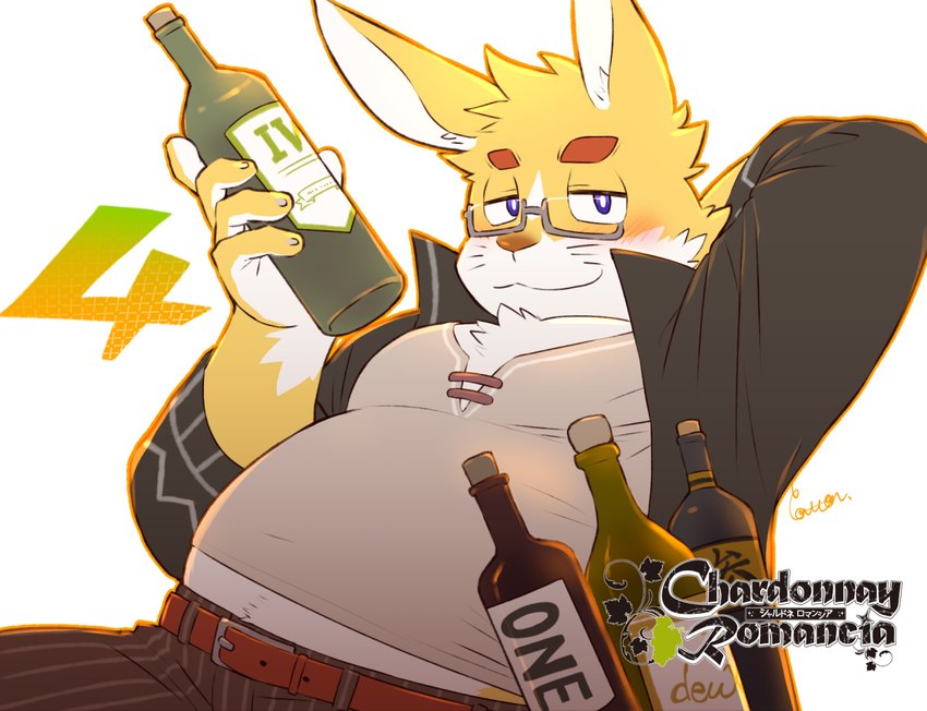 alcohol anthro beverage blush bottle container eyewear fur glasses male overweight overweight_male simple_background smile solo wine wine_bottle yellow_body yellow_fur cotton_(artist) chardonnay_romancia jey_caroot lagomorph leporid mammal rabbit