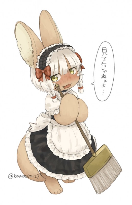 anthro blush brown_body brown_fur clothing female fur looking_at_viewer maid_uniform solo uniform kawasemi27 made_in_abyss nanachi lagomorph leporid mammal narehate rabbit hi_res