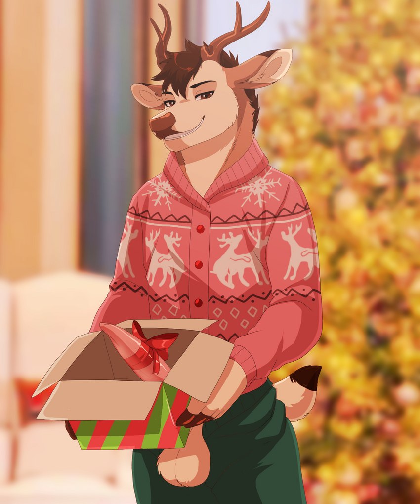 accessory anatomically_correct anatomically_correct_genitalia anatomically_correct_penis animal_genitalia animal_penis anthro antlers balls blurred_background bottomwear box brown_antlers brown_body brown_eyes brown_fur brown_hair brown_hooves brown_nose button_(fastener) cervine_genitalia cervine_penis christmas_clothing christmas_sweater christmas_topwear christmas_tree clothed clothing container detailed_background dick_in_a_box dipstick_tail erection eyebrows fingers fur fuzzy_balls genitals gift_bow gift_box grin grinning_at_viewer hair holding_box holding_container holding_object holidays hooved_fingers hooves horn looking_at_viewer male markings narrowed_eyes naughty_face nub_tail open_bottomwear open_clothing open_pants pants penis penis_accessory penis_bow penis_ribbon pink_penis plant presenting presenting_penis quadruped red_bow ribbons smile snowflake_pattern solo standing sweater sweatpants tail tail_markings tan_body tan_fur teeth topwear tree two_tone_tail lawkie christmas spruce_(purrtyflower) deer mammal mule_deer new_world_deer reindeer 2023 5:6 digital_drawing_(artwork) digital_media_(artwork) hi_res shaded nonbinary_(lore)