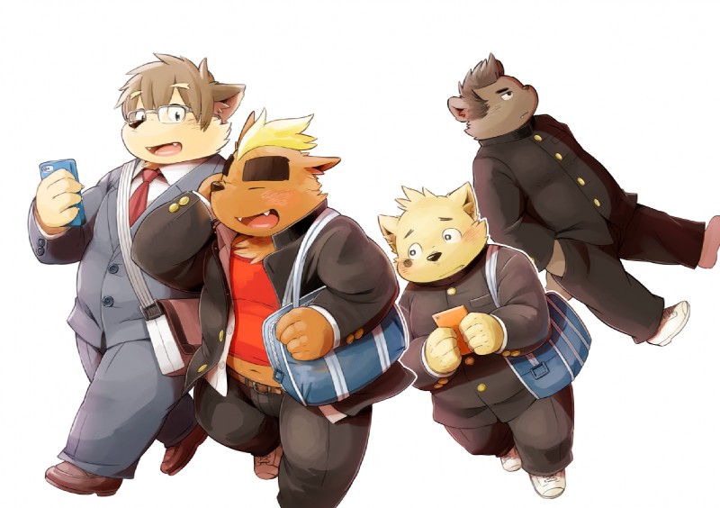 anthro cellphone clothing electronics eyewear glasses group overweight phone simple_background uniform white_background kinoshita-jiroh mekko_rarekko amanuma_shinichi buchi hamamura_saburou yamano_taishou canid canine canis domestic_dog mammal 2015