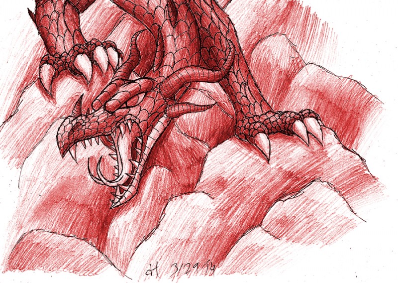 ambiguous_gender angry claws cliff fangs feral horn red_body red_scales rock scales solo teeth tongue vibrantechoes asian_mythology east_asian_mythology mythology dragon eastern_dragon mythological_creature mythological_scalie reptile scalie 2014 colored_pencil_(artwork) red_theme sketch traditional_media_(artwork)