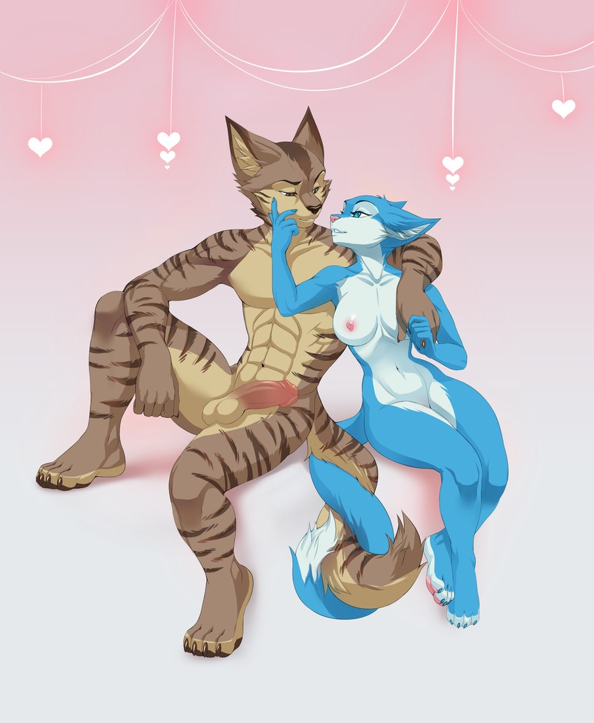 anthro arm_over_shoulder balls blue_body blue_eyes breasts brown_body brown_eyes duo entwined_tails female finger_grab front_view fur fur_markings genitals hand_on_cheek love male male/female markings muscular muscular_male nude penis romantic simple_background striped_body striped_fur stripes tail tail_coil tail_markings sif the-impeccable-dan sabre_(tid) syria_(tid) domestic_cat felid feline felis humanoid mammal 2017 absurd_res hi_res