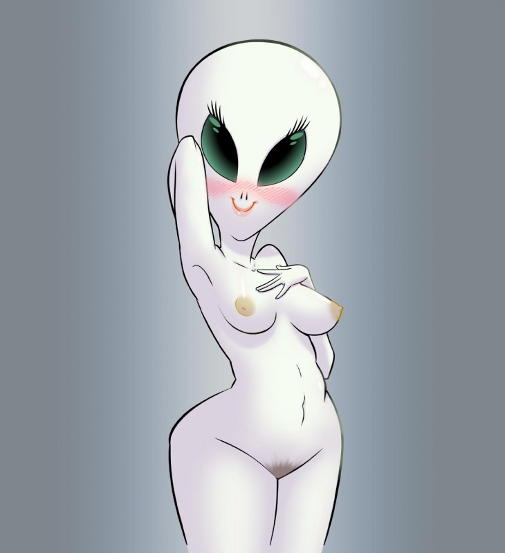 breasts erect_nipples female front_view grey_body grey_skin looking_at_viewer navel nipples not_furry nude pose pubes smile solo wide_hips hotdiggedydemon alien alien_humanoid humanoid roswell_grey hi_res pinup portrait three-quarter_portrait