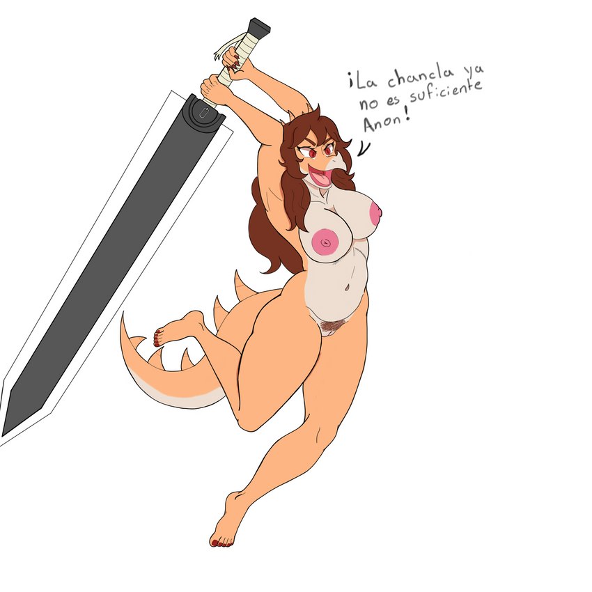 5_fingers 5_toes anthro big_breasts big_nipples big_sword breasts brown_hair brown_pubes claws dialogue dragon_slayer_(berserk) eyelashes facial_horn feet female fingers genitals hair head_spikes horn humanoid_feet long_hair long_tail melee_weapon multicolored_body multicolored_scales navel nipples nose_horn nude open_mouth open_smile orange_body orange_scales pink_nipples plantigrade pubes pussy red_eyes scales simple_background smile solo spiked_tail spikes spikes_(anatomy) sword tail tan_body tan_scales text toes tongue two_tone_body two_tone_scales weapon white_background sodawave_(artist) berserk_(series) cavemanon_studios goodbye_volcano_high snoot_game rosa_(gvh) aquilops ceratopsian dinosaur ornithischian prehistoric_species reptile scalie 1:1 2023 absurd_res colored digital_drawing_(artwork) digital_media_(artwork) hi_res spanish_text translated