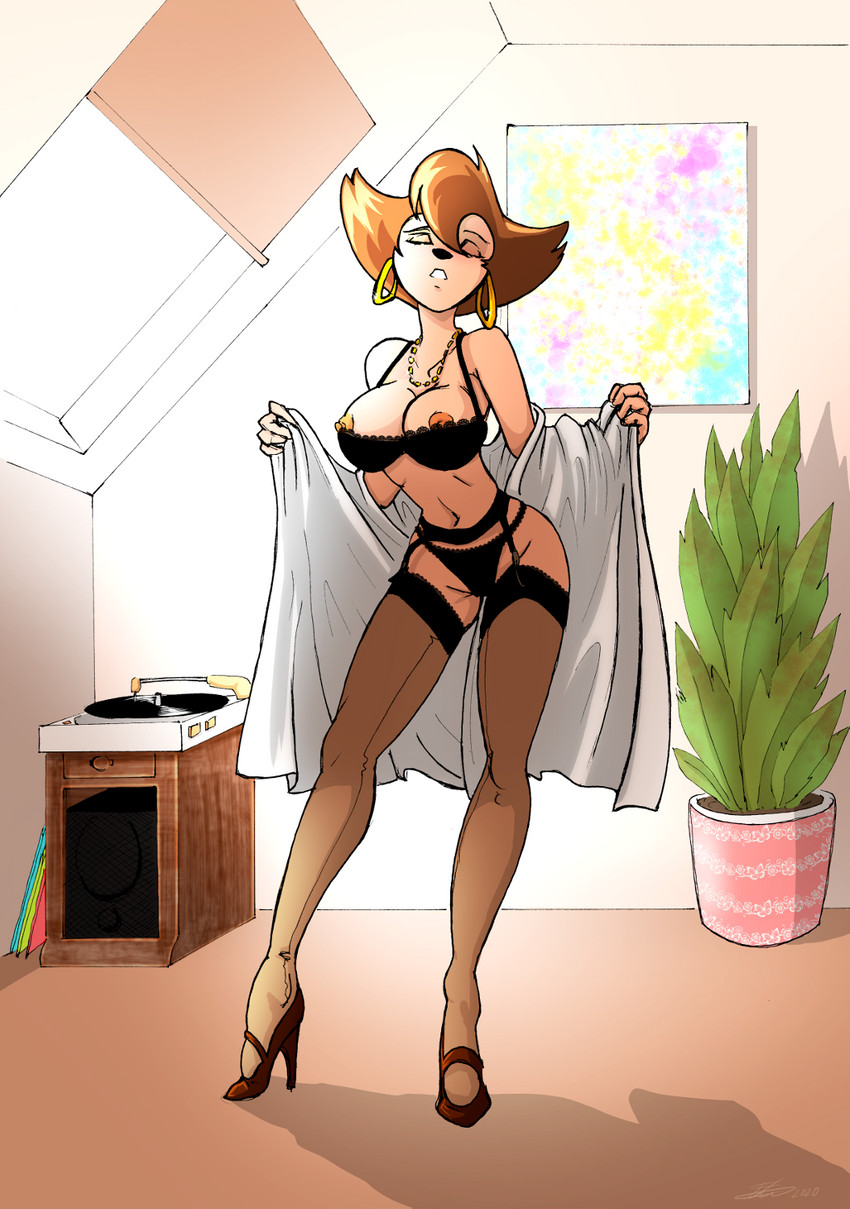 anthro biped bra breasts clothing detailed_background ear_piercing female footwear hair high_heels legwear lingerie mature_anthro mature_female nipples open_mouth panties piercing shoes solo standing stockings thong topwear towel underwear lunargue disney goof_troop peg_pete canid canine canis domestic_dog mammal 2020 digital_media_(artwork) hi_res