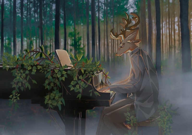 anthro antlers biped brown_body brown_fur chair clothed clothing detailed_background forest fully_clothed fur furniture horn keyboard_instrument light musical_instrument outside piano plant side_view sitting solo tree arthurtng beastars louis_(beastars) cervine deer mammal red_deer 2019 absurd_res colored digital_drawing_(artwork) digital_media_(artwork) hi_res lighting