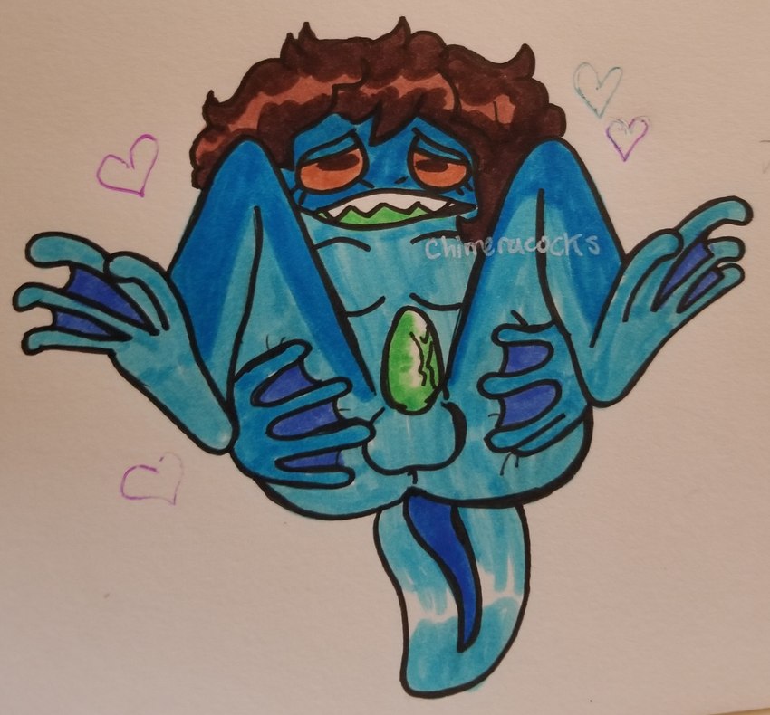 anthro blue_body butt feet genitals hand_on_butt hearts_around_body male membrane_(anatomy) penis presenting presenting_hindquarters small_penis solo toes webbed_feet young chimeracocks anne_boonchuy amphibian frog hi_res