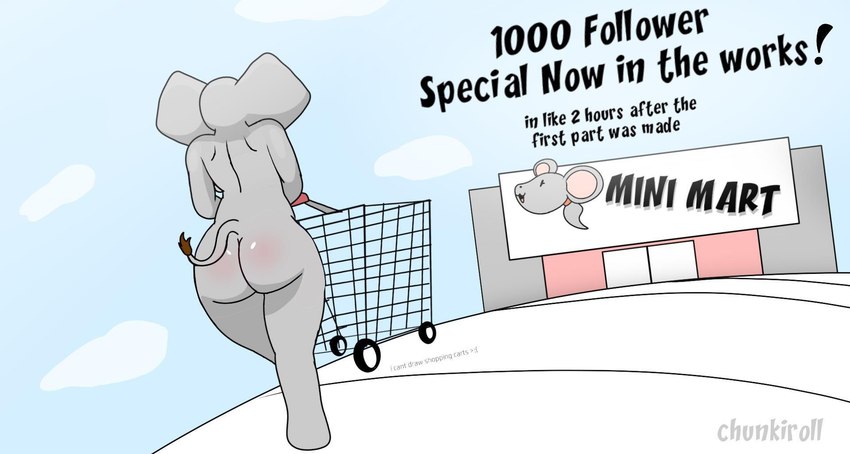 anthro big_butt big_ears building butt cloud female grey_body huge_butt nude rear_view shopping_cart sky solo tail tail_tuft text thick_thighs tuft wide_hips chunkiroll_(artist) loona_(chunkiroll) elephant elephantid mammal proboscidean english_text hi_res