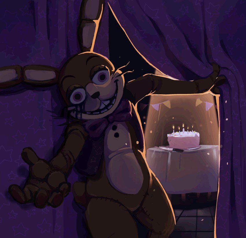 ambiguous_fluids ambiguous_gender anthro birthday_cake bow_(feature) bow_in_front bow_tie button_(fastener) cake candle clothing costume curtains derp_eyes dessert food furniture fursuit knife long_ears looking_at_viewer multicolored_body nightmare_fuel open_mouth presenting purple_eyes reaching_towards_viewer scut_tail short_tail smile solo table tail whiskers yellow_body skylordlysander five_nights_at_freddy's five_nights_at_freddy's:_help_wanted scottgames glitchtrap lagomorph leporid mammal rabbit digital_media_(artwork) hi_res