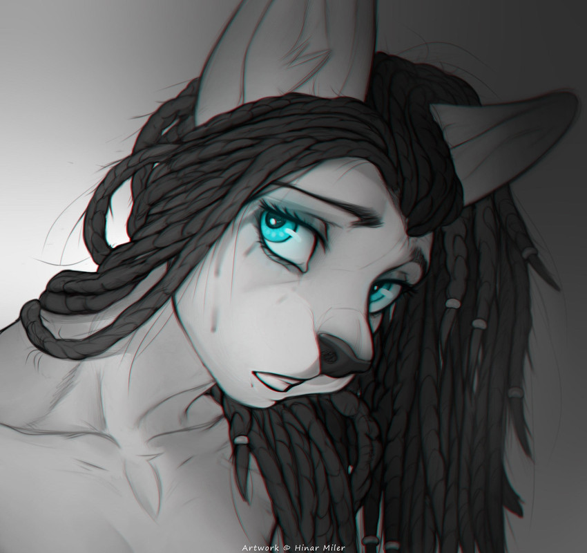 anthro black_hair black_nose blue_eyes bodily_fluids dreadlocks eyebrows eyelashes eyeshadow female hair makeup smeared_eyeshadow smile solo tears teeth hinar_miler domestic_cat felid feline felis mammal 2020 digital_media_(artwork) headshot_portrait hi_res portrait