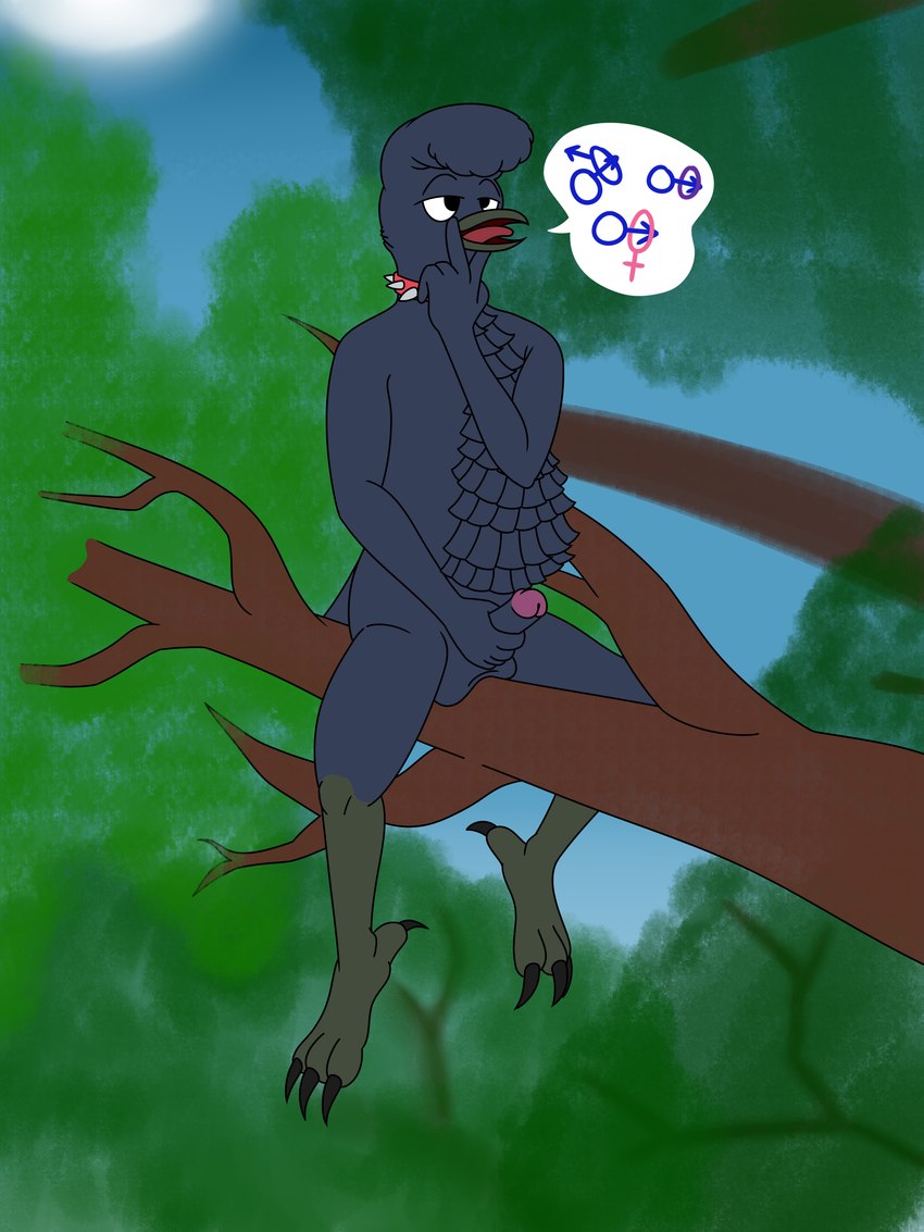 anthro balls beak branch collar erection feathers female_symbol gender_symbol gender_symbol_penetration genitals grey_body grey_feathers lewd_symbolism male male/female_symbol male/male_symbol male_symbol mating_call nude penis plant sexuality_symbol sitting solo spiked_collar spikes symbol tongue tree aaron_amethyst avian bird cotingid new_world_suboscine passerine suboscine umbrellabird absurd_res digital_media_(artwork) hi_res huge_filesize paint_tool_sai_(artwork)