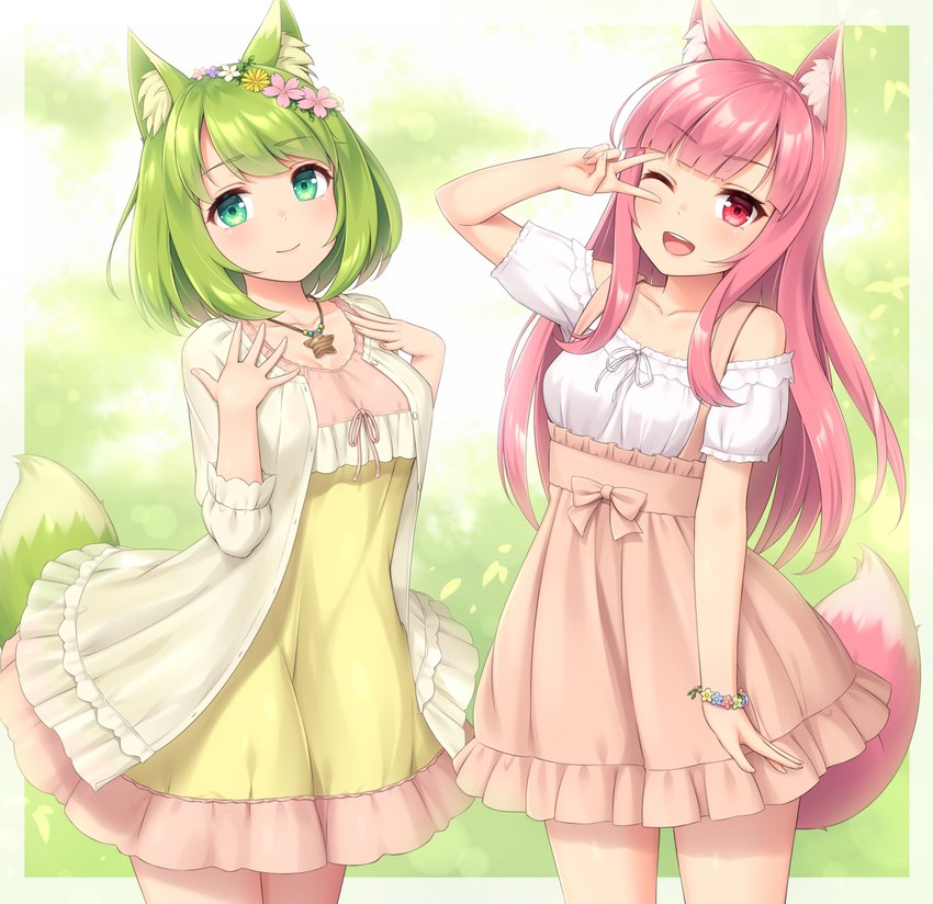 alternative_fashion bracelet breasts clothed clothing country_lolita dress duo female gesture green_eyes green_hair hair hand_gesture j-fashion jewelry lolita_(fashion) necklace one_eye_closed open_mouth pink_hair red_eyes smile sweet_lolita v_sign wink sand-rain animal_humanoid canid canid_humanoid canine canine_humanoid fox_humanoid humanoid mammal mammal_humanoid 2021 hi_res