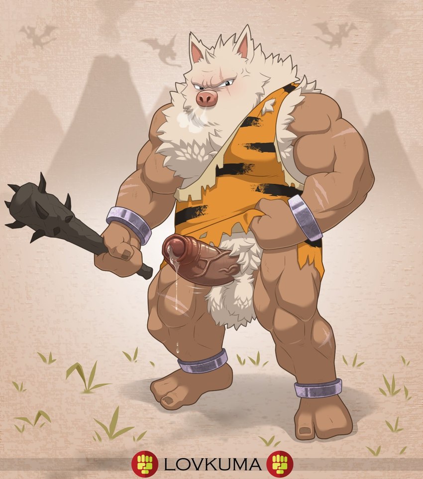 anthro balls big_muscles bottomless clothed clothing club_(weapon) dripping_penis erection foreskin genitals humanoid_genitalia humanoid_penis looking_at_viewer male melee_weapon muscular muscular_anthro muscular_male penis snort solo vein veiny_penis weapon lovkuma nintendo pokemon generation_1_pokemon pokemon_(species) primeape hi_res