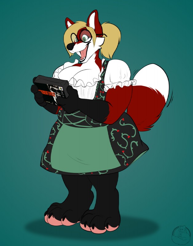 anthro clothed clothing dirndl dress eyewear female glasses open_mouth slightly_chubby smile solo standing uniform carifoxleopard claire_ann_fuchs canid canine fox mammal