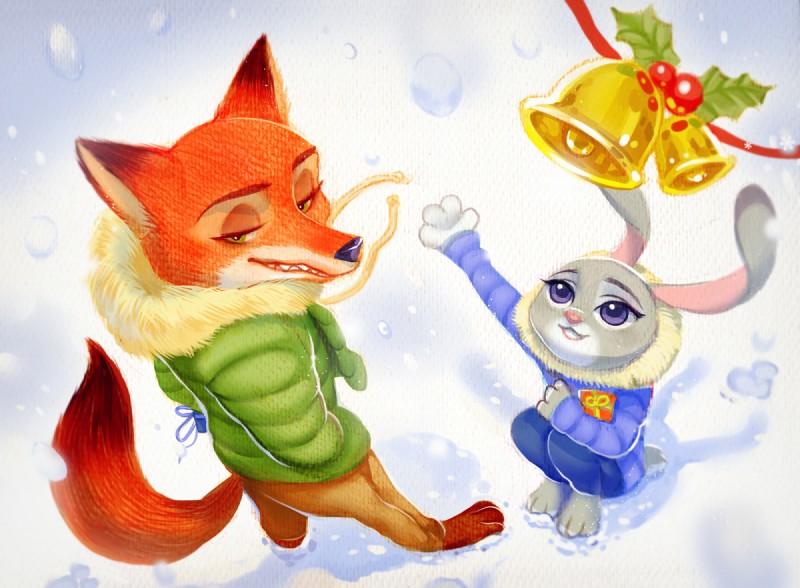 anthro barefoot bell biped clothing coat duo feet female fur gift green_eyes hand_in_pocket high-angle_view holidays holly_(plant) looking_back looking_up male plant pockets purple_eyes sitting smile snow snowing standing topwear winter weketa christmas disney zootopia judy_hopps nick_wilde canid canine fox lagomorph leporid mammal rabbit red_fox true_fox 2016