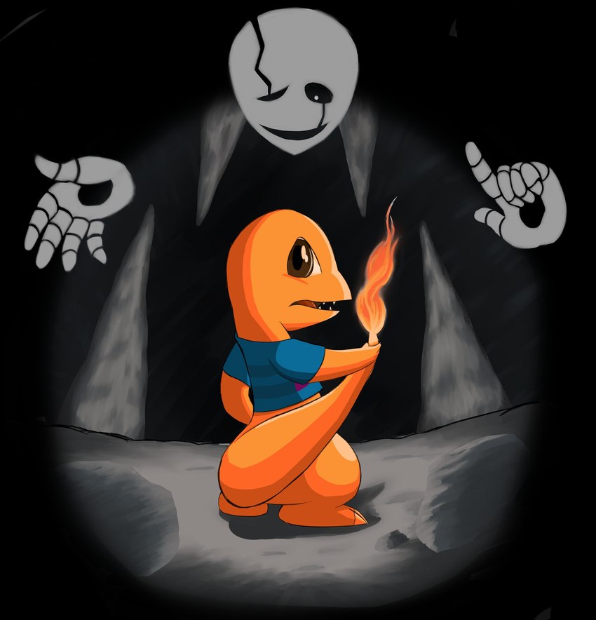 alternate_species ambiguous_gender bone bottomless cave clothed clothing duo feral fire flaming_tail holding_tail implied_transformation open_mouth orange_body orange_scales partially_clothed scales shadow shirtless skeleton stalactite stalagmite tail energyluxray deltarune nintendo pokemon pokemon_mystery_dungeon spike_chunsoft undertale undertale_(series) frisk_(undertale) w.d_gaster charmander generation_1_pokemon ghost humanoid pokemon_(species) spirit 2020 absurd_res hi_res