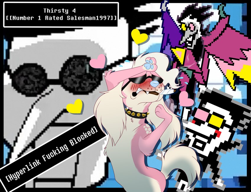 black_hair blue_nose blue_pawpads blush bodily_fluids clothed clothing collar detailed_background dialogue_box drugs duo eyewear female feral flustered fur glasses hair heart_symbol male marijuana pawpads pink_body pink_fur simple_background smile spiked_collar spikes sunglasses sweat sweatdrop text white_background wings thepinkdemon deltarune undertale_(series) spamton_g._spamton spamton_neo canid canine canis darkner domestic_dog humanoid mammal english_text hi_res