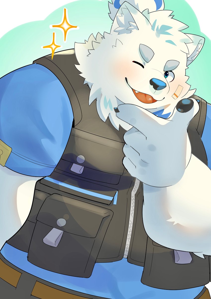 anthro blush clothing fur humanoid_hands kemono male one_eye_closed overweight overweight_male shirt simple_background solo topwear white_body white_fur wink amidasuke lifewonders live_a_hero yohack canid canine canis domestic_dog mammal nordic_sled_dog samoyed spitz 2023 absurd_res hi_res