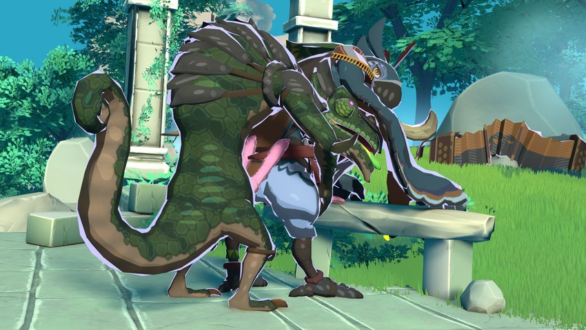 anthro beak blue_body blue_feathers claws detailed_background duo erection feathers genitals green_body green_scales knot looking_at_viewer male male/male open_mouth penis scales sex tapering_penis tongue wings iynize_(artist) breath_of_the_wild nintendo the_legend_of_zelda kass_(tloz) avian bird lizalfos lizard reptile rito scalie 16:9 3d_(artwork) 4k absurd_res cel_shading digital_media_(artwork) hi_res shaded widescreen