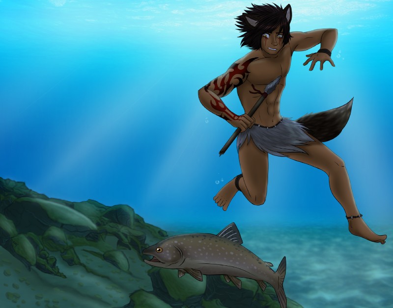 bottomwear clothing fishing holding_object hunting loincloth male melee_weapon polearm smile solo spear spearfishing swimming tattoo tribal underwater water weapon fcsimba tate animal_humanoid canid canid_humanoid canine canine_humanoid canis cat_humanoid domestic_dog felid felid_humanoid feline feline_humanoid humanoid mammal mammal_humanoid wolf wolf_humanoid 2014