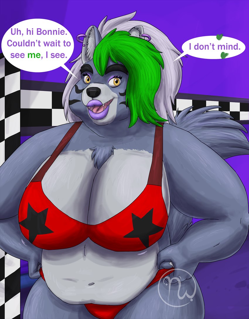 5_fingers anthro bangs belly belly_overhang big_breasts black_eyebrows black_nose bra breasts checkered checkered_flag checkered_wall chest_tuft claws cleavage clothed clothing clothing_pull dialogue ear_piercing ear_ring eyebrows eyeshadow facial_markings fangs female finger_claws fingers flag fluffy fluffy_tail fur green_text grey_body grey_fur grey_hair grey_tail hair head_markings heart_symbol inside lips logo long_hair long_tail makeup markings motion_lines multicolored_body multicolored_fur multicolored_hair multicolored_wall navel open_mouth overweight overweight_anthro overweight_female panties partially_clothed piercing pink_tongue purple_ear_ring purple_eyeshadow purple_lips purple_text purple_wall red_bra red_clothing red_panties red_underwear ring_piercing solo speech_bubble star_clothing tail talking_to_another talking_to_viewer teeth text thick_eyebrows thick_lips thick_thighs tongue tuft underwear underwear_pull wall_(structure) wide_hips skywater five_nights_at_freddy's five_nights_at_freddy's:_security_breach scottgames steel_wool_studios roxanne_wolf canid canine canis mammal wolf 2024 artist_logo colored digital_drawing_(artwork) digital_media_(artwork) hi_res shaded