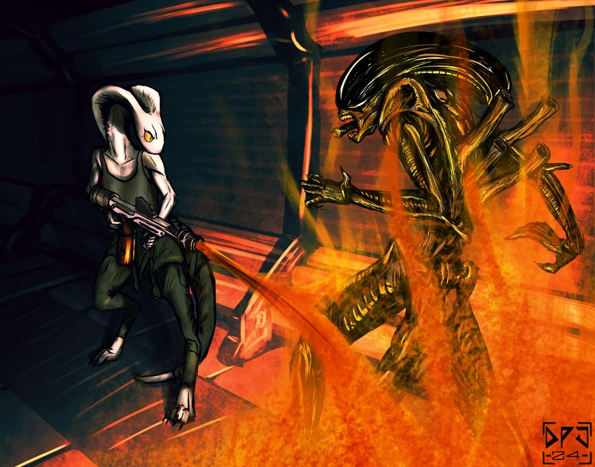 anthro attack black_body clothing dark_lighting digitigrade enraged fire flamethrower glistening hissing ranged_weapon shirt spaceship_interior tank_top topwear weapon white_body dirtypaperjoe alien_(franchise) ellen_ripley alien cobra reptile scalie snake xenomorph 2024 absurd_res digital_drawing_(artwork) digital_media_(artwork) hi_res