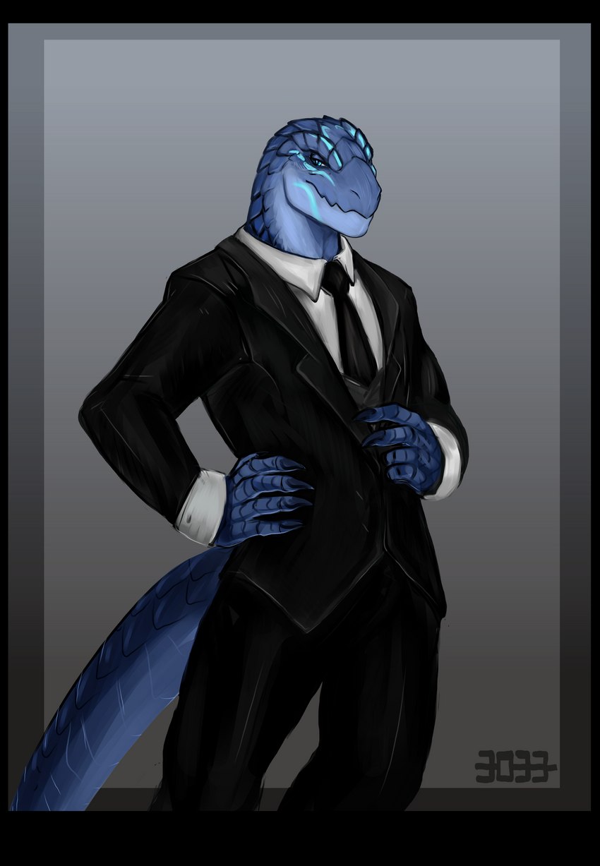 anthro black_clothing black_suit clothing looking_at_viewer male markings scales solo standing suit suit_and_tie tattoo tribal tribal_markings tribal_tattoo 3033 overlord_(series) crius_(offline_user) lizardman lizardman_(overlord) scalie absurd_res hi_res