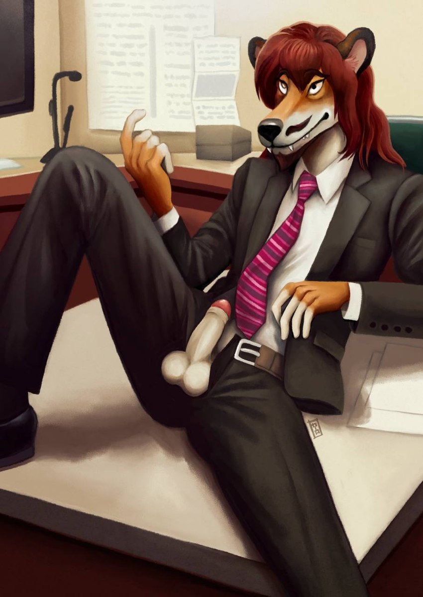 anthro balls beckoning belt black_business_suit chair clothed clothing computer computer_monitor countershading desk electronics erection facial_hair fur furniture genitals gesture hair heterochromia male microphone necktie office office_chair open_belt orange_body orange_fur partially_clothed pattern_necktie penis red_hair smile solo striped_necktie table jesu_cito dasyuromorph mammal marsupial recently_extinct_species thylacine 2024 digital_media_(artwork) hi_res