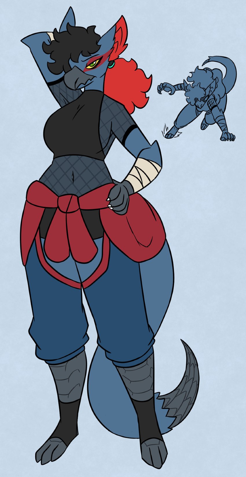 action_pose anthro athletic_tape big_breasts black_hair blue_body blue_fur breasts clothing female fishnet_clothing fishnet_topwear fur green_eyes hair long_tail navel ponytail pose red_hair side_boob solo tail thick_tail topwear nerdyreindeer capcom monster_hunter flying_wyvern nargacuga hi_res multiple_images