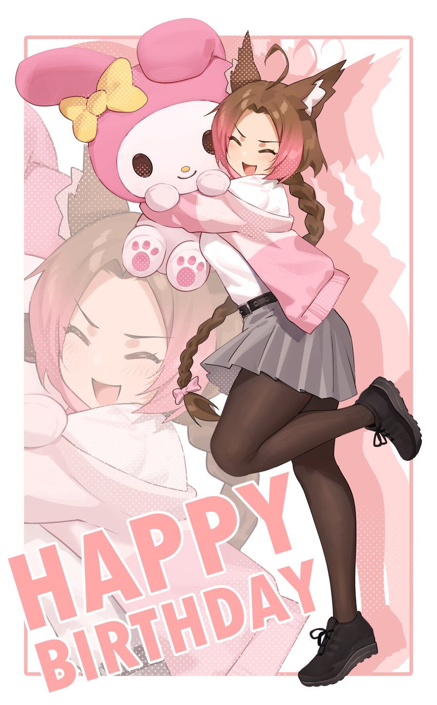 ahoge blowup_background bottomwear braided_hair brown_hair clothing eyes_closed female footwear hair happy hug hugging_object hugging_plushie legwear multicolored_hair open_mouth pantyhose pink_hair plushie ponytail shoes simple_background skirt smile solo iwbitu onegai_my_melody sanrio my_melody animal_humanoid humanoid mammal mammal_humanoid 2024 hi_res