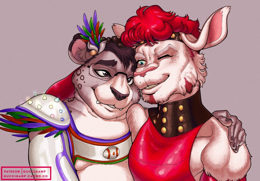 anthro cosplay duo hug latex male male/male guccigarf yagi_b. bovid caprine felid goat mammal pantherine snow_leopard hi_res