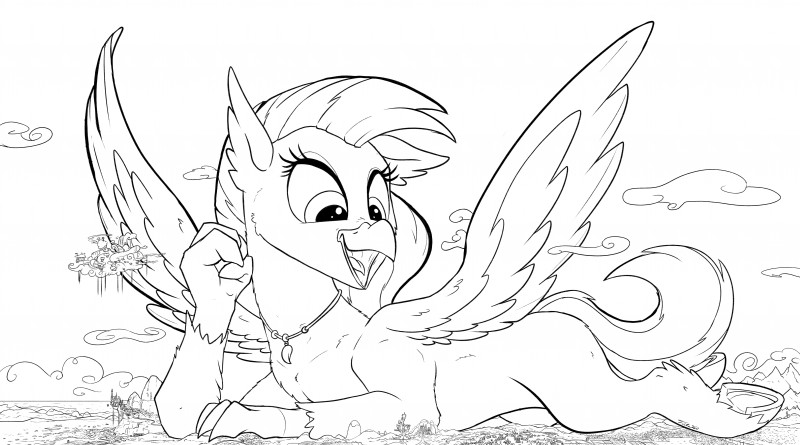 canterlot cloudsdale equestria female macro open_mouth ponyville solo text tsitra360 european_mythology friendship_is_magic greek_mythology hasbro my_little_pony mythology silverstream_(mlp) avian hippogriff mythological_avian mythological_creature 2019 absurd_res english_text hi_res line_art monochrome