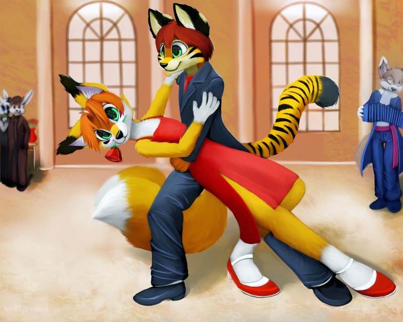 accordion anthro blush clothed clothing crossdressing dancing dress femboy flower footwear fur gloves_(marking) green_eyes group hair male markings musical_instrument musician plant rose_(flower) shoes stripes jamesfoxbr james_fox saba canid canine felid fox mammal pantherine tiger 2013 5:4 digital_media_(artwork) hi_res shaded