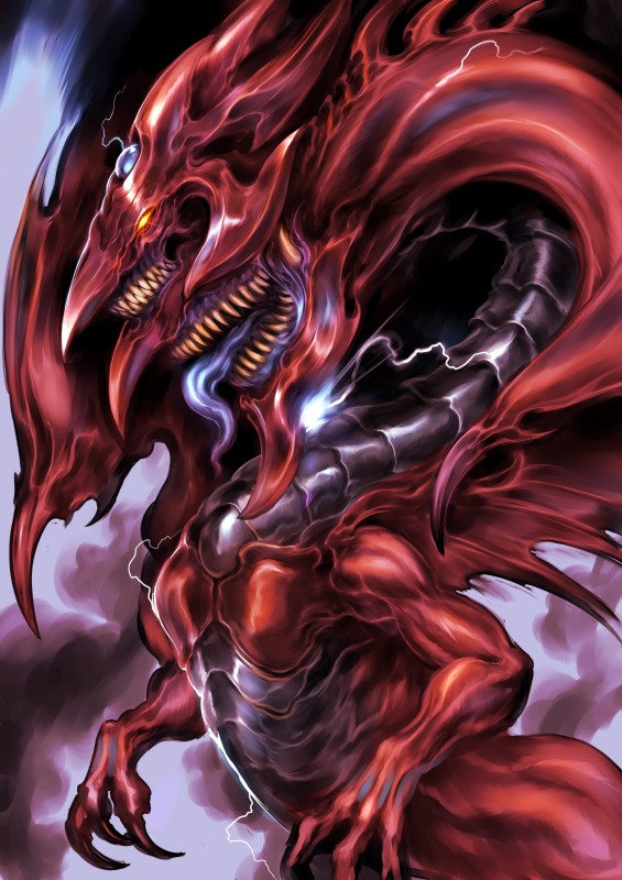 claws fangs feral glowing glowing_eyes multi_mouth open_mouth solo teeth tongue tongue_out wings witnesstheabsurd konami mythology yu-gi-oh! slifer_the_sky_dragon dragon duel_monster monster mythological_creature mythological_scalie scalie absurd_res hi_res