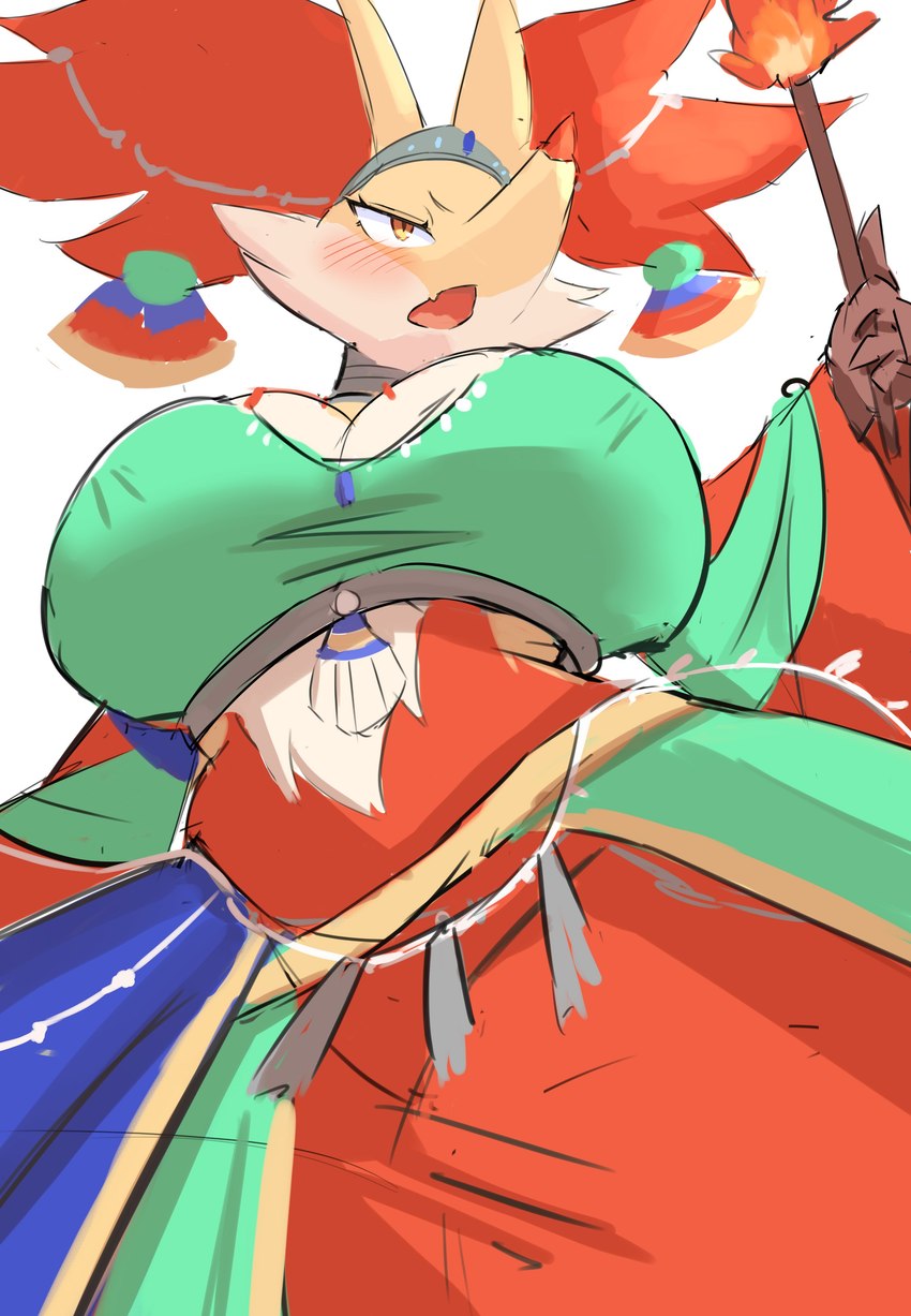 anthro big_breasts blush breasts cleavage clothed clothing female fire fur green_clothing hair holowear_(pokemon) huge_breasts open_mouth orange_eyes red_body red_fur red_hair red_nose simple_background solo standing stick white_background white_body white_fur wide_hips yellow_body yellow_fur nojaaaaaaaarori nintendo pokemon pokemon_unite sacred_style_delphox delphox generation_6_pokemon pokemon_(species) absurd_res hi_res