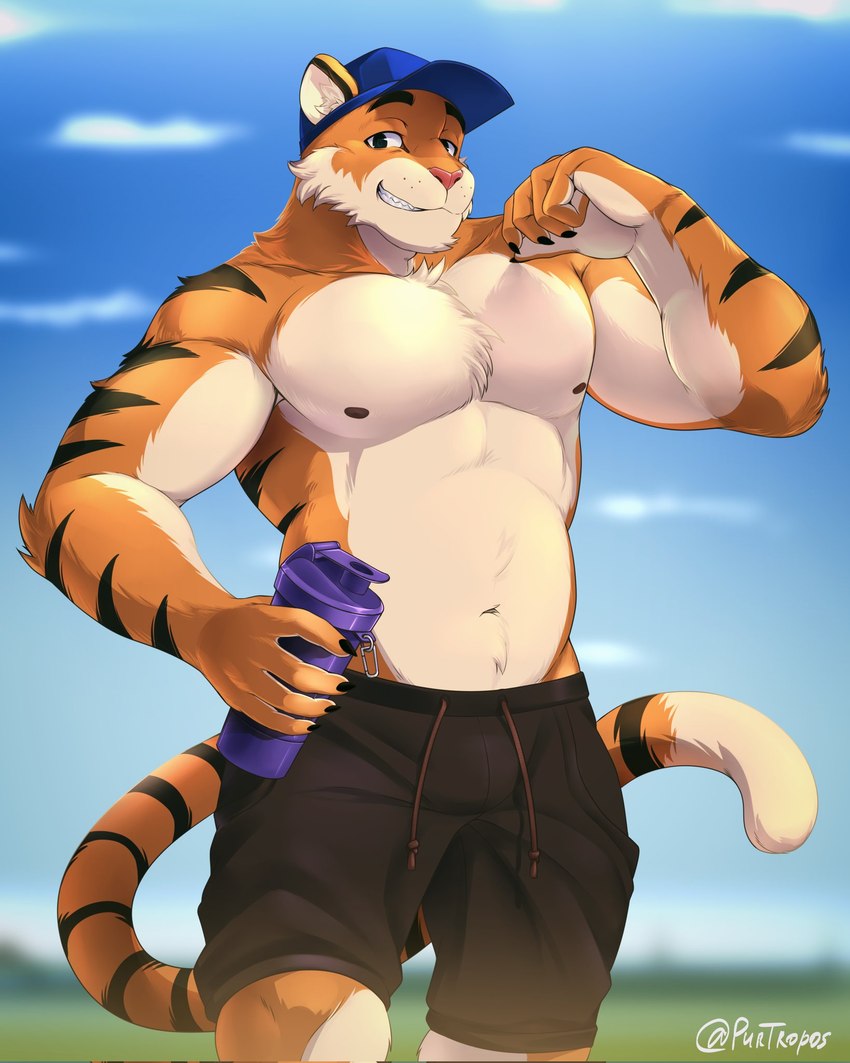 anthro athletic baseball_cap biceps black_bottomwear black_clothing black_shorts blurred_background body_hair bottomwear clothed clothing container fur grin happy_trail hat headgear headwear holding_container holding_flask holding_object looking_at_viewer male muscular muscular_male nipples orange_body orange_fur outside pecs shorts sky smile solo standing striped_body stripes topless purtropos remember_the_flowers damion_(remember_the_flowers) felid mammal pantherine tiger 2022 hi_res portrait three-quarter_portrait