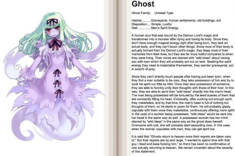 blush female front_view ghost_tail green_hair hair humanoid_pointy_ears looking_at_viewer monster_girl_(genre) not_furry pointy_ears profanity profile red_eyes ribbons smile solo text the_more_you_know kenkou_cross third-party_edit monster_girl_profile ghost humanoid spirit undead 3:2 english_text hard_translated translated translation_edit