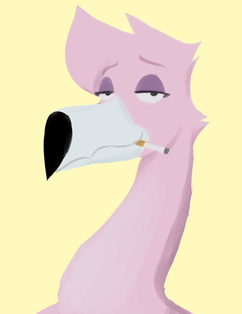 beak cigarette eyebrows eyelashes eyeshadow feathers long_neck makeup pink_body pink_feathers raised_eyebrows simple_background smile smoking solo yellow_background chilemeister astas_(chilemeister) avian bird flamingo absurd_res hi_res portrait male_(lore)