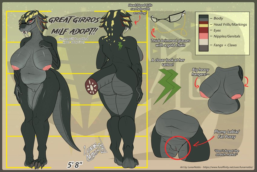 anthro areola big_breasts black_body breasts butt claws eyewear fangs female genitals glasses nipples nude pussy solo teeth text lunarnobis capcom monster_hunter fanged_wyvern girros great_girros absurd_res english_text hi_res model_sheet url