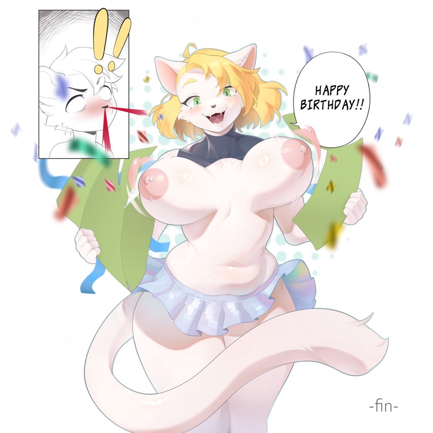 big_breasts big_butt birthday birthday_gift blonde_hair bouncing_breasts breasts butt curvy_figure dialogue ear_piercing female fur hair happy_birthday motion_lines nipple_piercing nipples piercing slightly_chubby slightly_chubby_female text tongue tongue_piercing white_body white_fur lovlxshed kiko_kempt zachariah_(velocitycat) felid feline mammal 1:1 absurd_res comic english_text hi_res