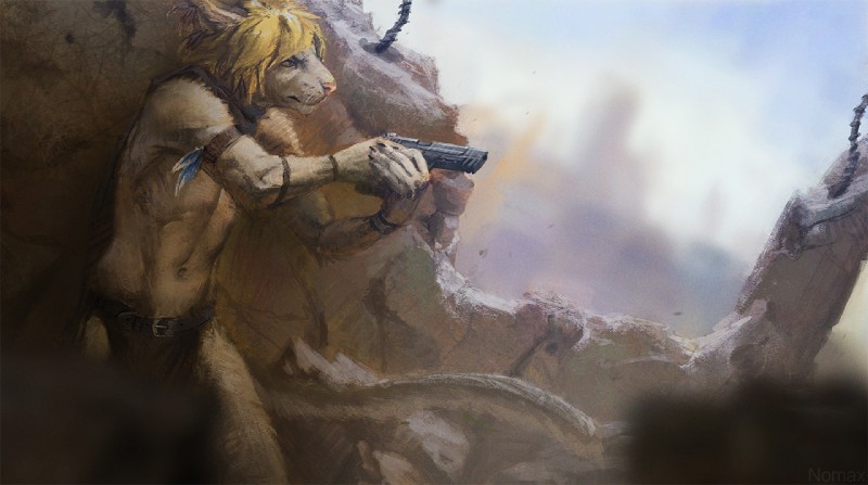 anthro armband athletic athletic_anthro athletic_male blonde_hair bottomwear clothed clothing feathers fur grimace gun hair handgun holding_gun holding_handgun holding_object holding_pistol holding_ranged_weapon holding_weapon kerchief loincloth male neckerchief neckwear outside pistol ranged_weapon rubble solo tail topless topless_anthro topless_male usp weapon whiskers white_body white_fur nomax heckler_and_koch felid lion mammal pantherine