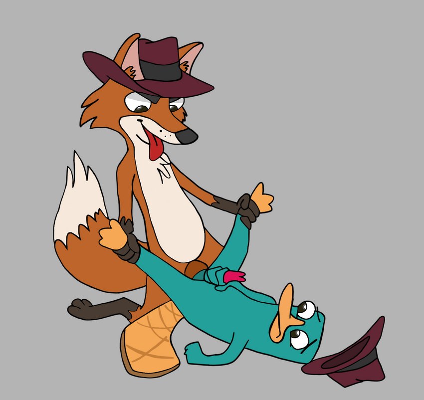 anthro duo feral forked_penis fur genitals male male/male penis teal_body teal_fur unknown_artist disney phineas_and_ferb agent_f_(phineas_and_ferb) perry_the_platypus canid canine fox mammal monotreme platypus hi_res